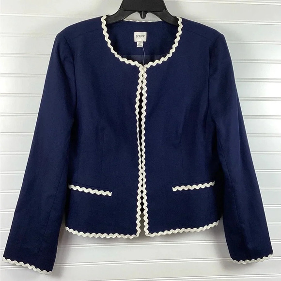 J Crew NWT  Navy Blue Ric Ram Trim Jacket - Size 14 - Picture 1 of 7